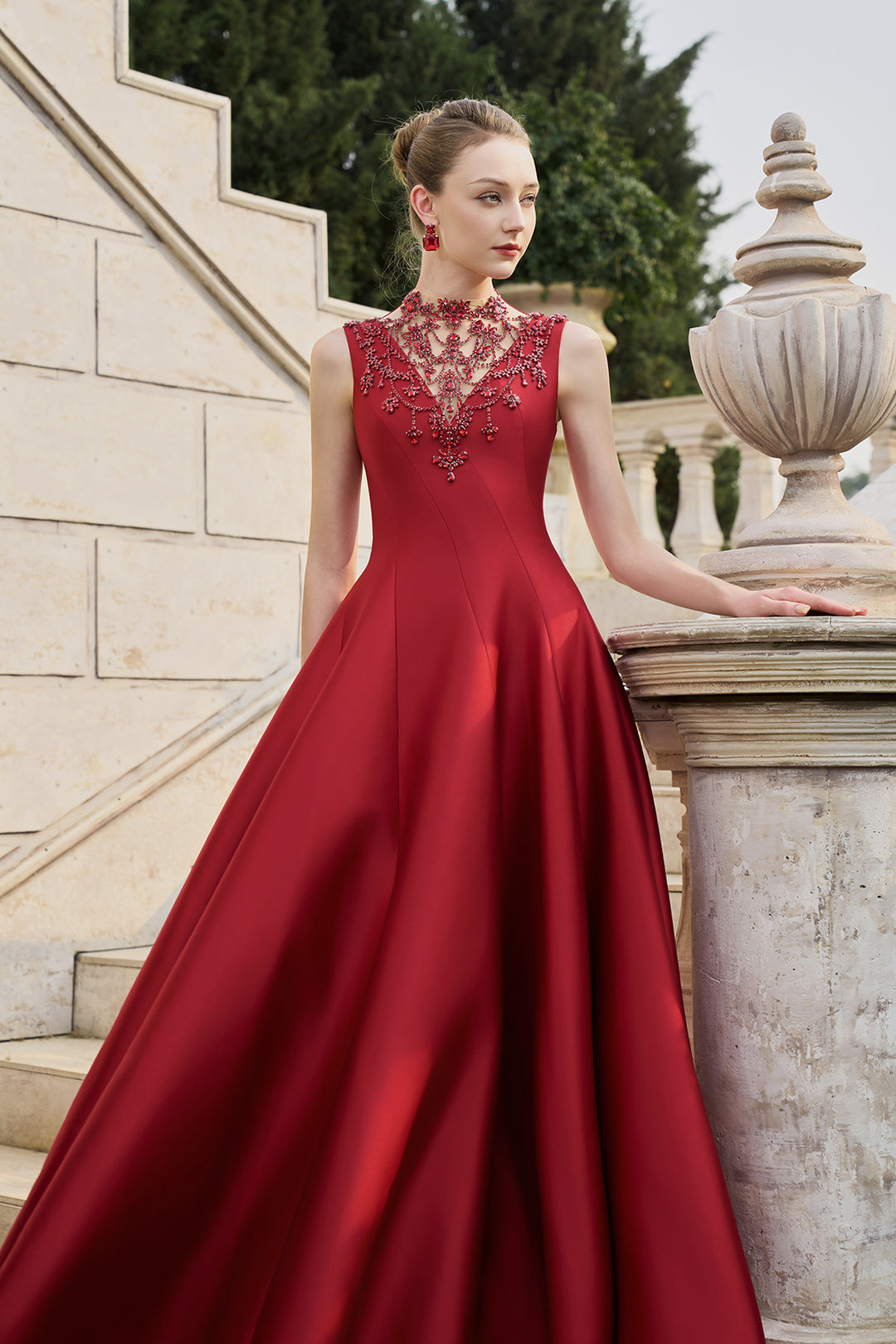 See-Through Neckline Crystal-Embellished Draped Dress