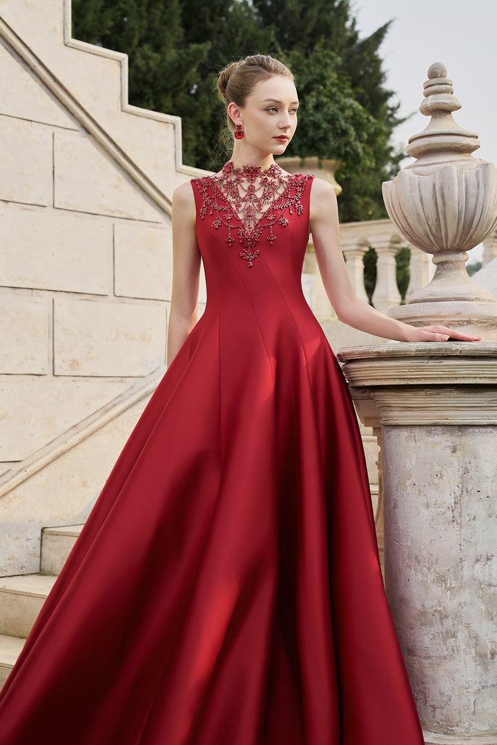 See-Through Neckline Crystal-Embellished Draped Dress