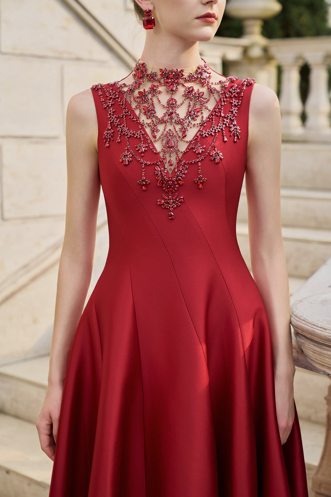See-Through Neckline Crystal-Embellished Draped Dress