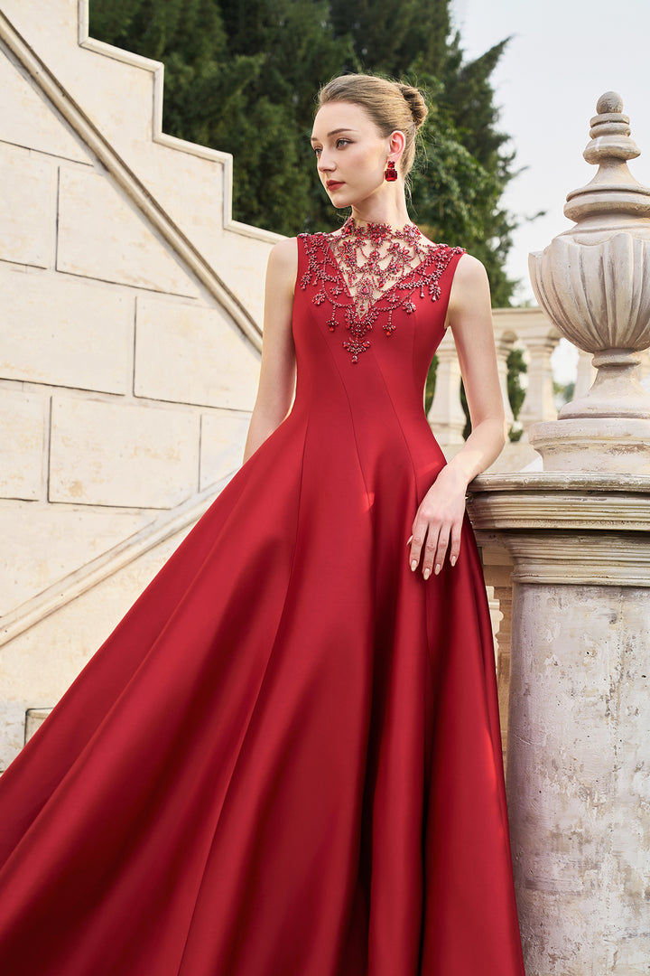 See-Through Neckline Crystal-Embellished Draped Dress