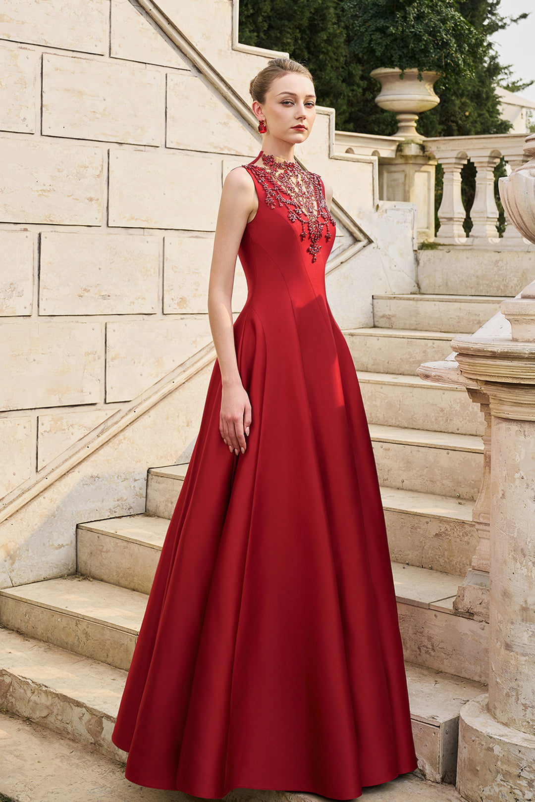 See-Through Neckline Crystal-Embellished Draped Dress Red / FR 36 See-Through Neckline Crystal-Embellished Draped Dress Red / FR 36