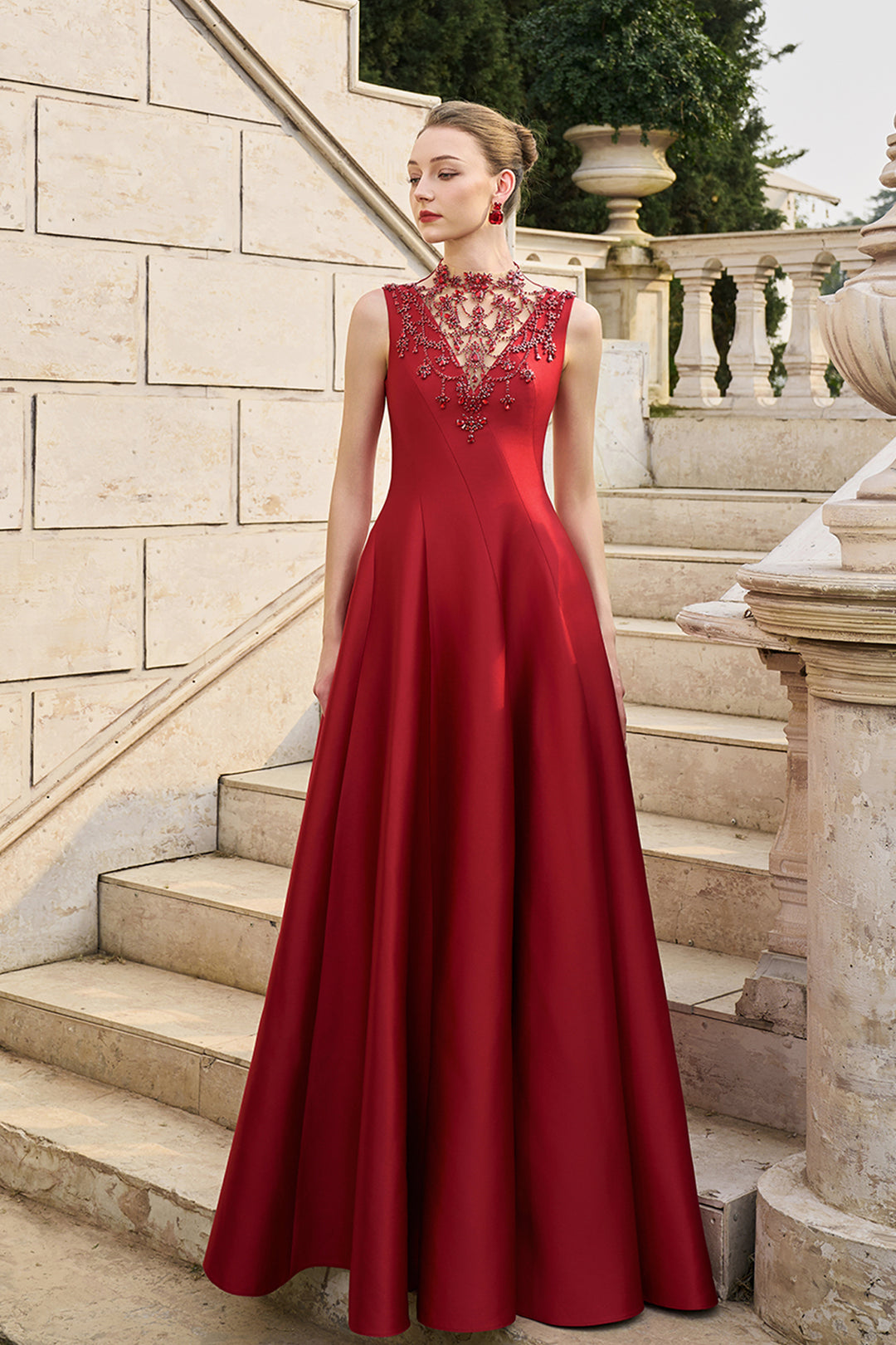 See-Through Neckline Crystal-Embellished Draped Dress Red / FR 36 See-Through Neckline Crystal-Embellished Draped Dress Red / FR 36