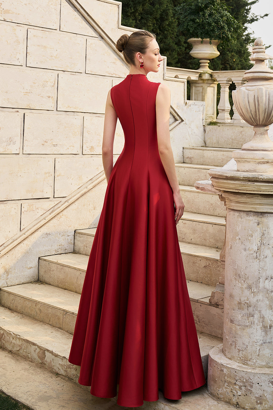 See-Through Neckline Crystal-Embellished Draped Dress