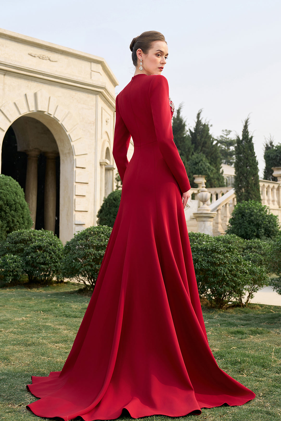 V-Crystal Embellished Flared A-Line Dress