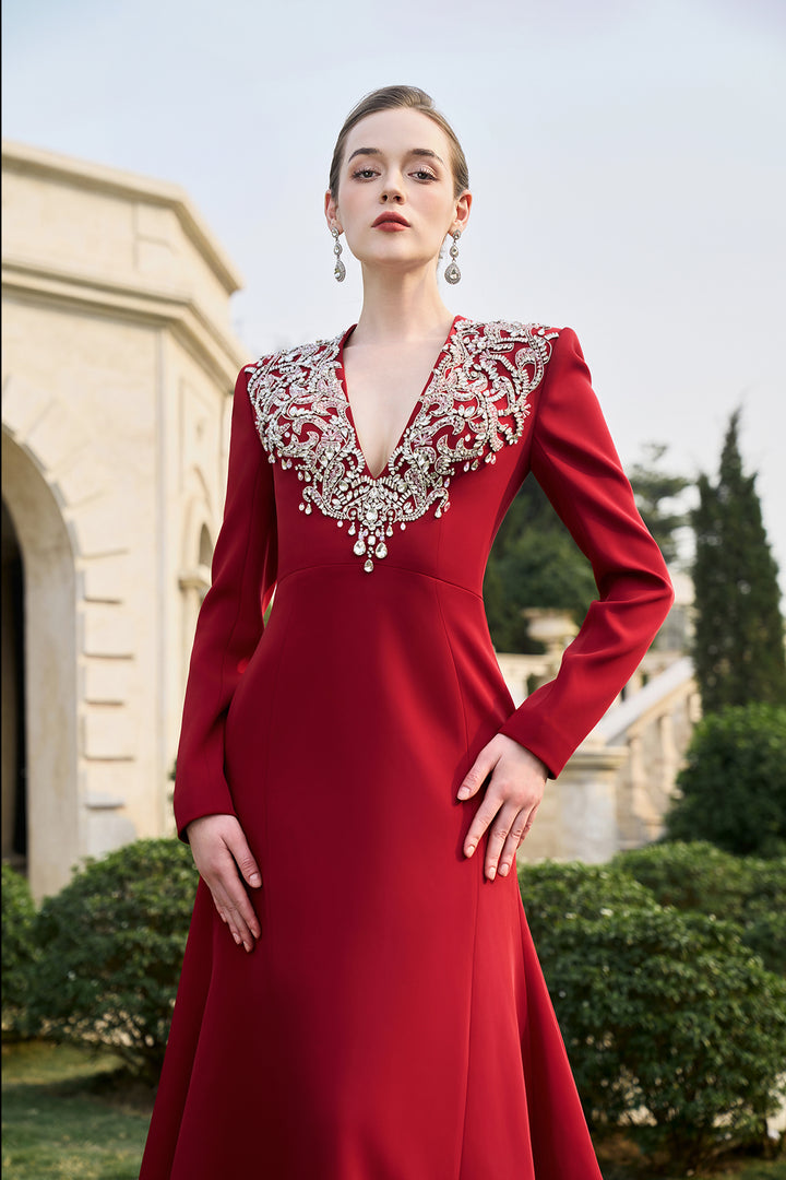 V-Crystal Embellished Flared A-Line Dress