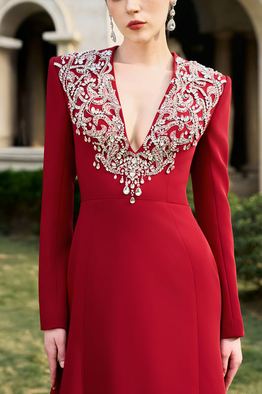 V-Crystal Embellished Flared A-Line Dress