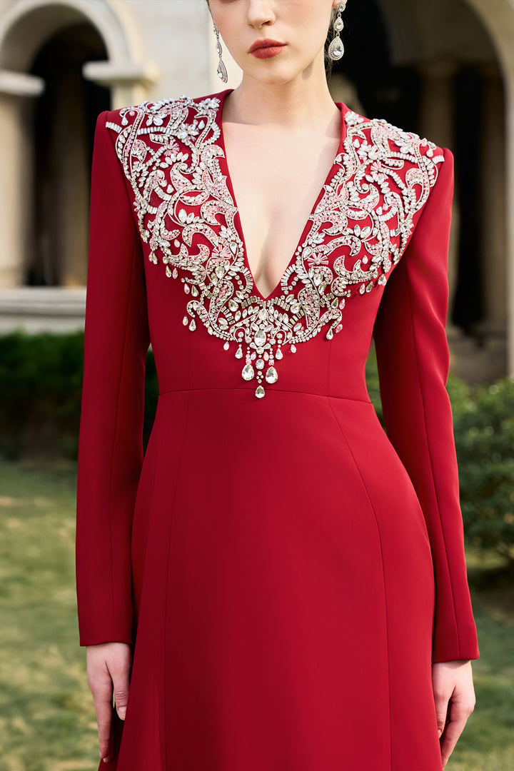 V-Crystal Embellished Flared A-Line Dress