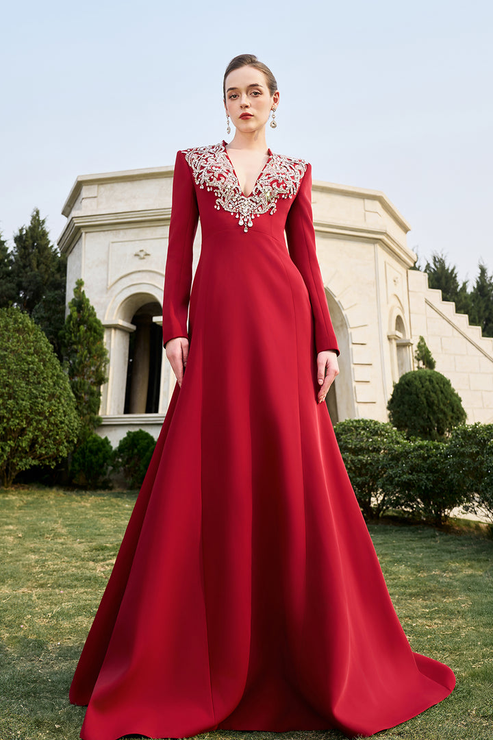 V-Crystal Embellished Flared A-Line Dress