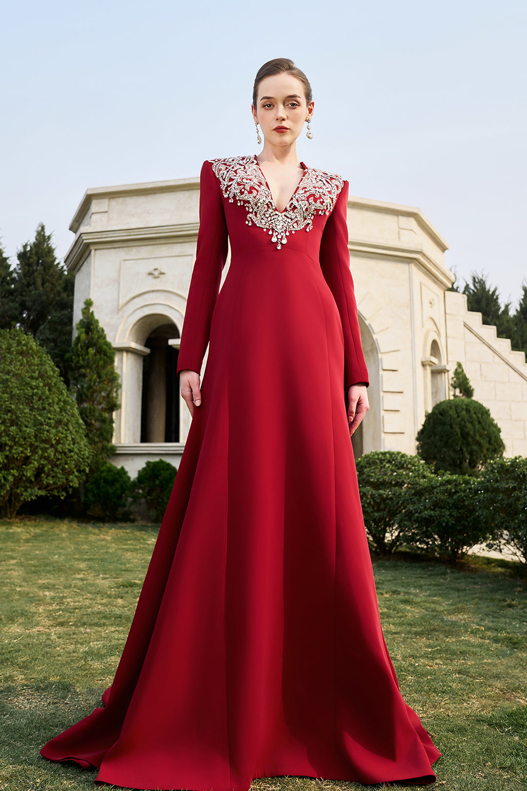 V-Crystal Embellished Flared A-Line Dress Red / FR 38