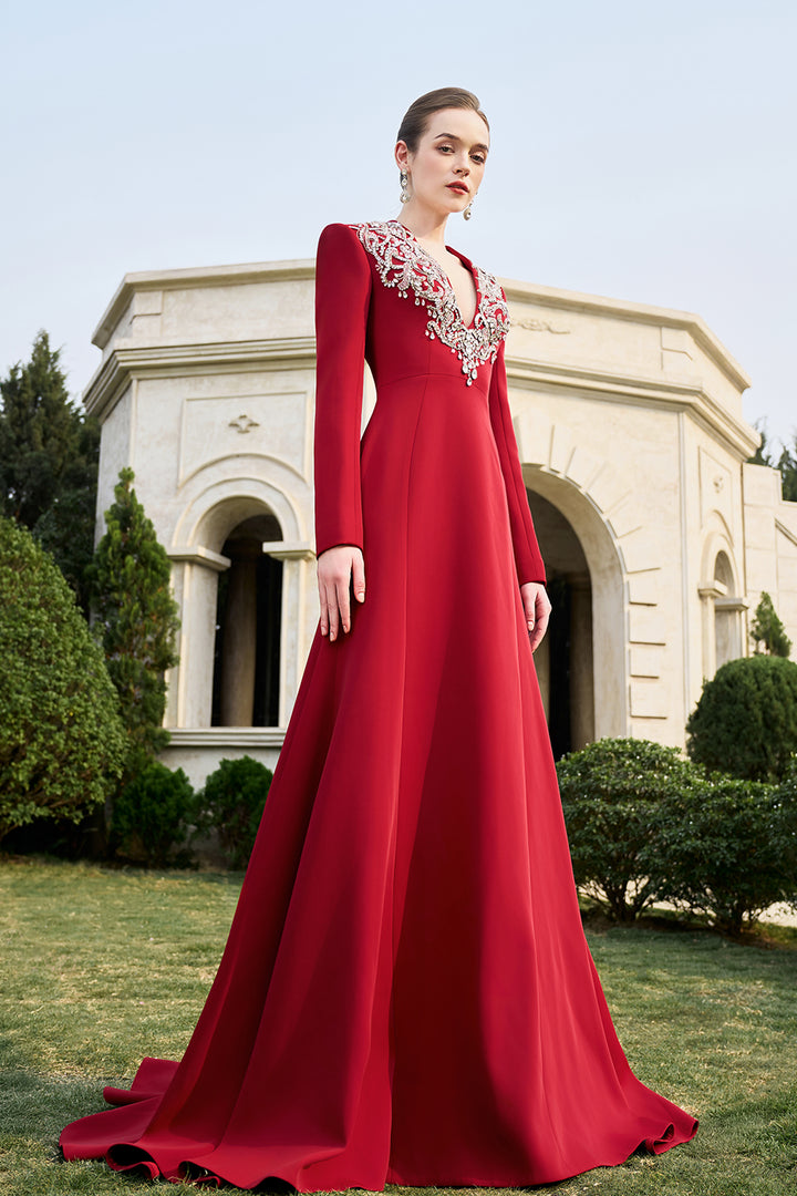 V-Crystal Embellished Flared A-Line Dress