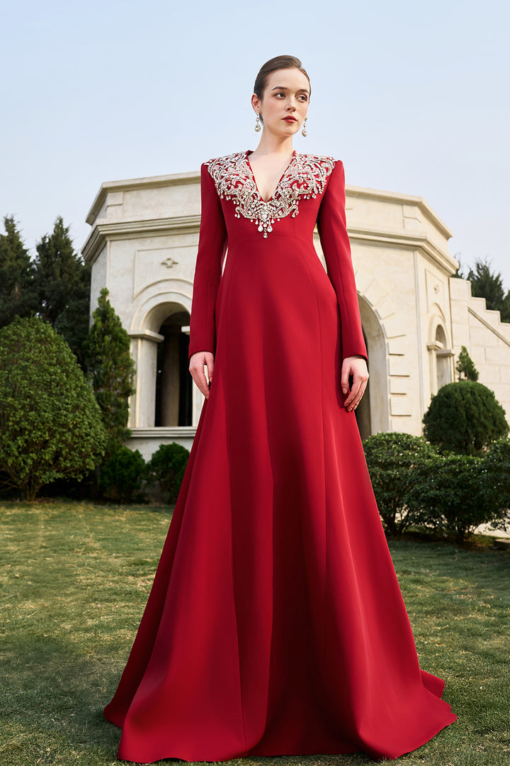 V-Crystal Embellished Flared A-Line Dress