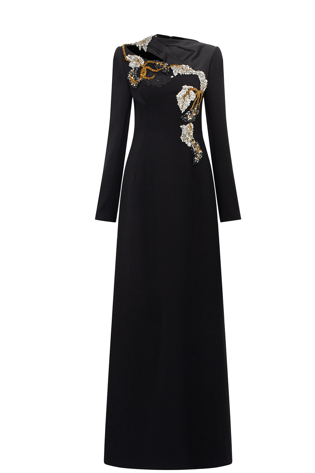 Diagonal Neckline With Floral-Embellished Dress