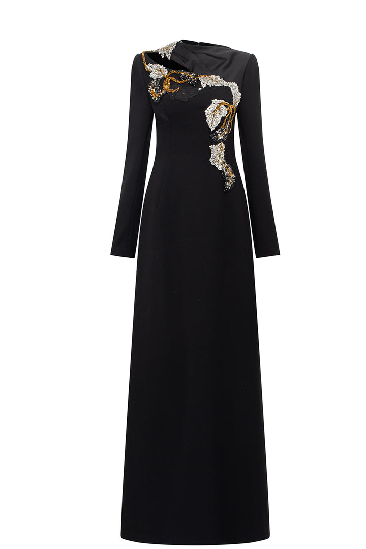 Diagonal Neckline With Floral-Embellished Dress