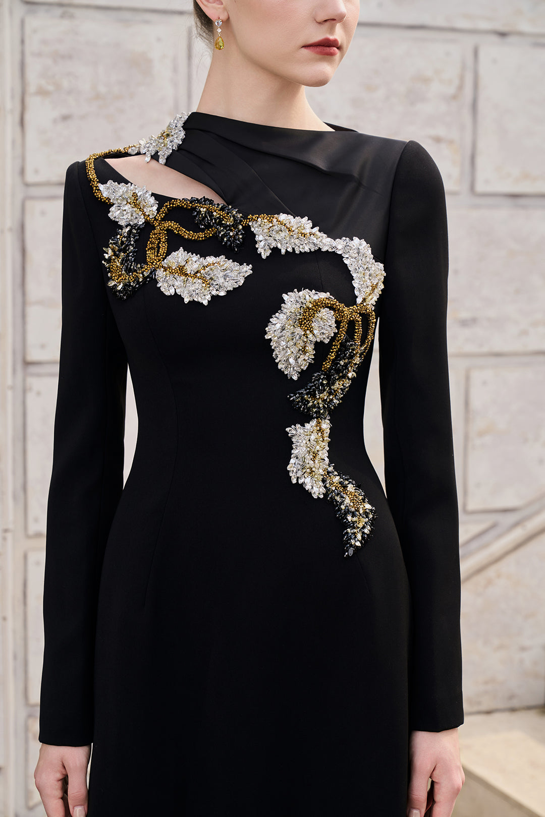 Diagonal Neckline With Floral-Embellished Dress