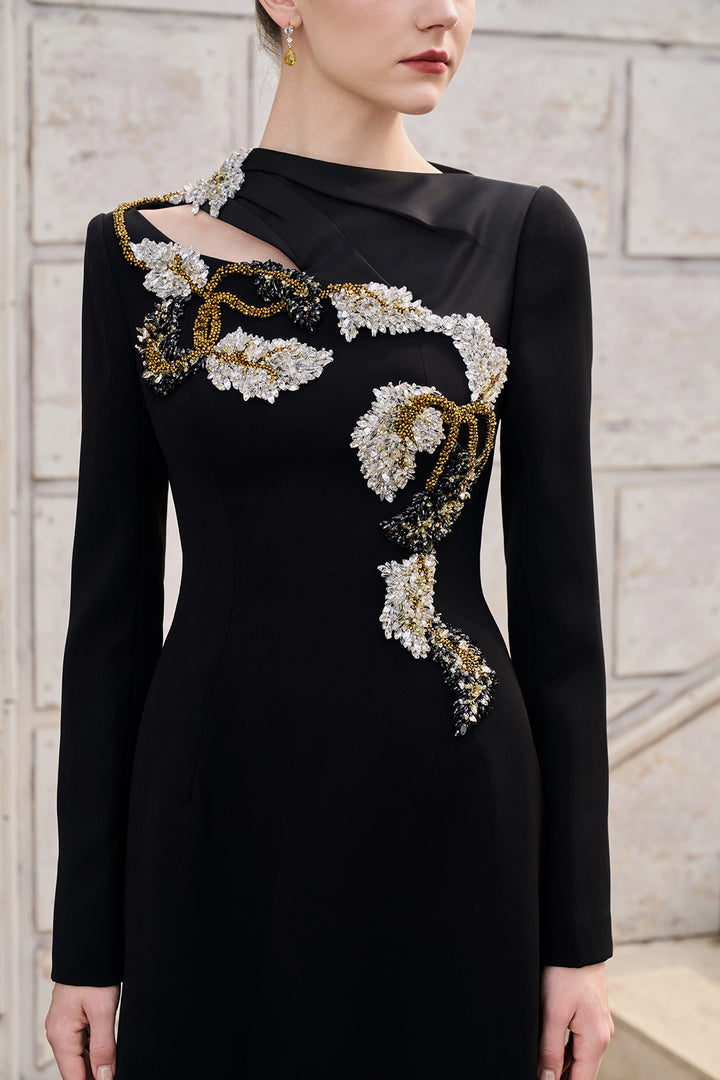 Diagonal Neckline With Floral-Embellished Dress