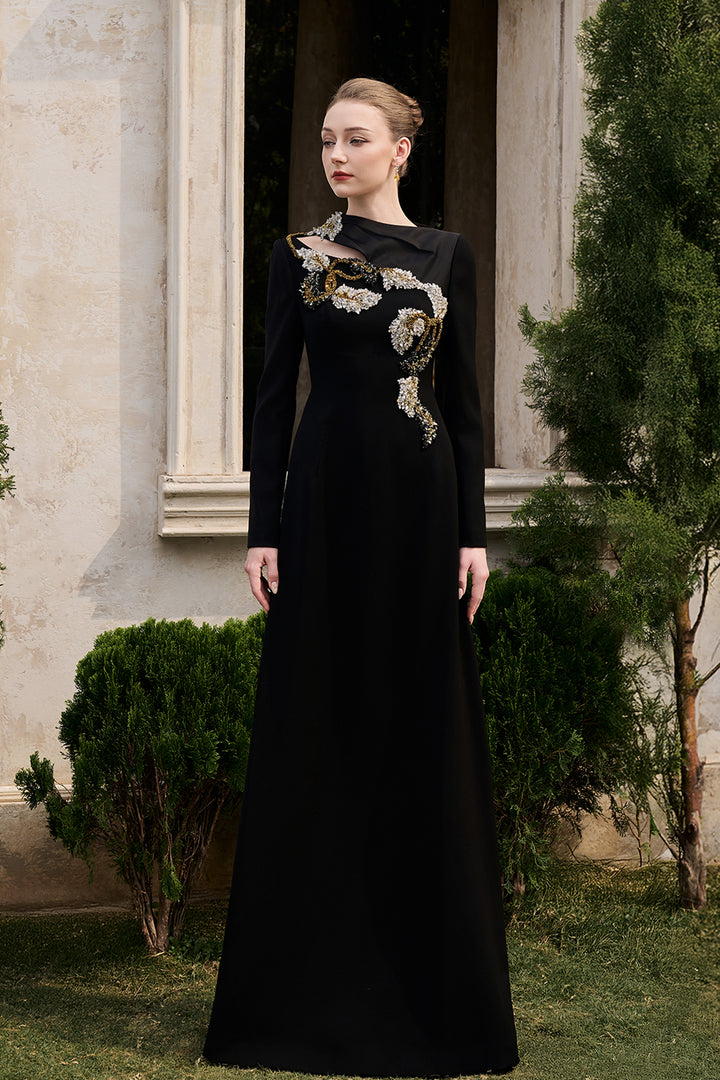 Diagonal Neckline With Floral-Embellished Dress