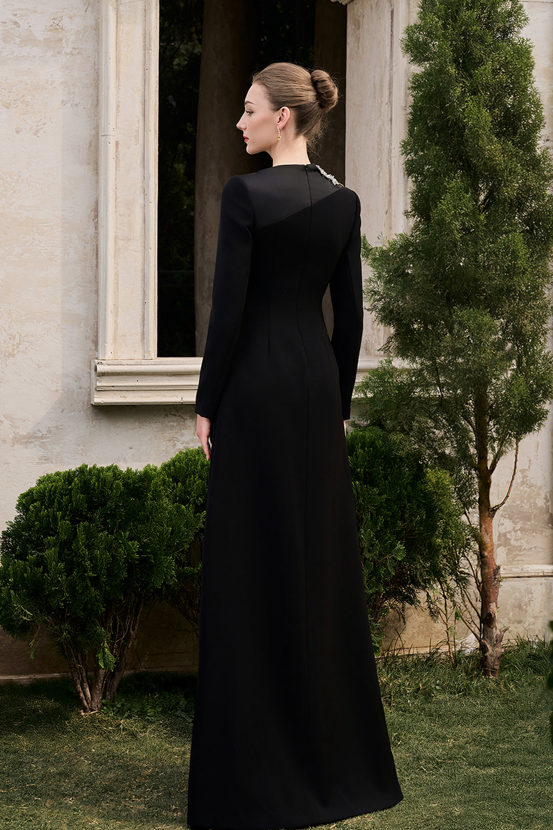 Diagonal Neckline With Floral-Embellished Dress