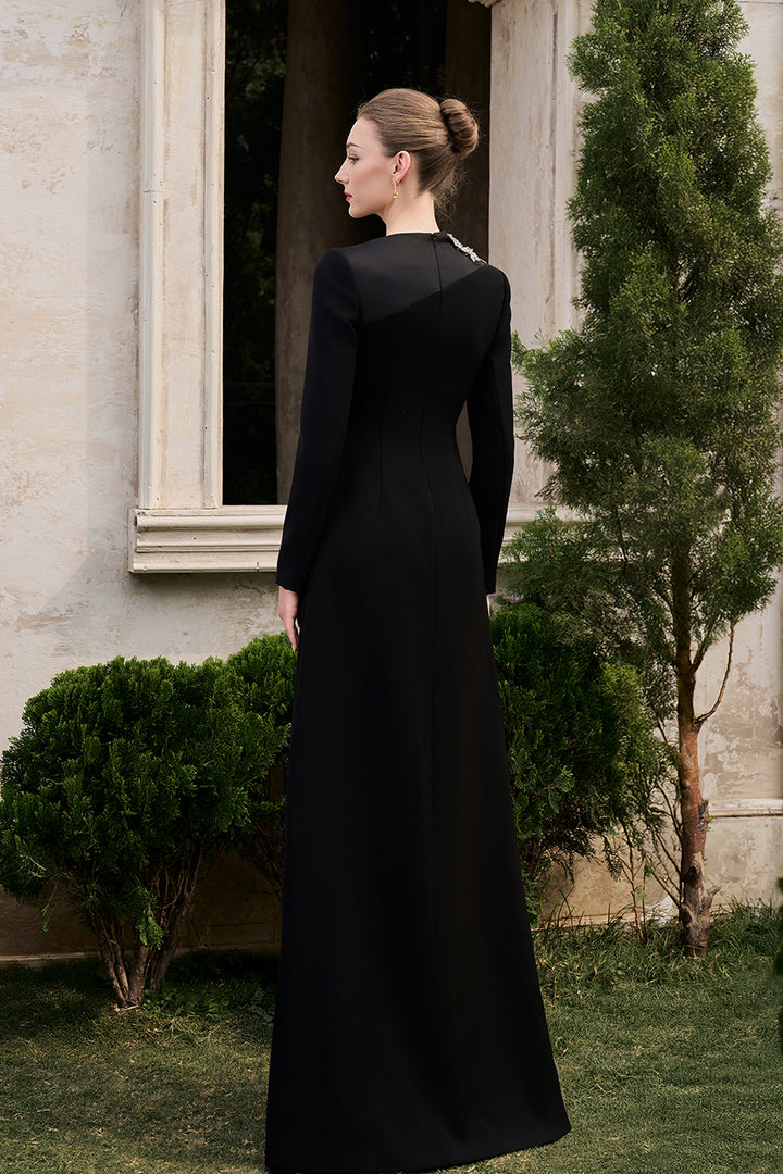 Diagonal Neckline With Floral-Embellished Dress