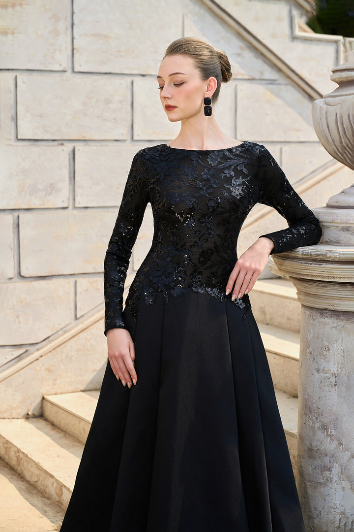 Boat Neckline Floral Lace Flared A-line Dress Black / FR 50 Boat Neckline Floral Lace Flared A-line Dress Black / FR 50