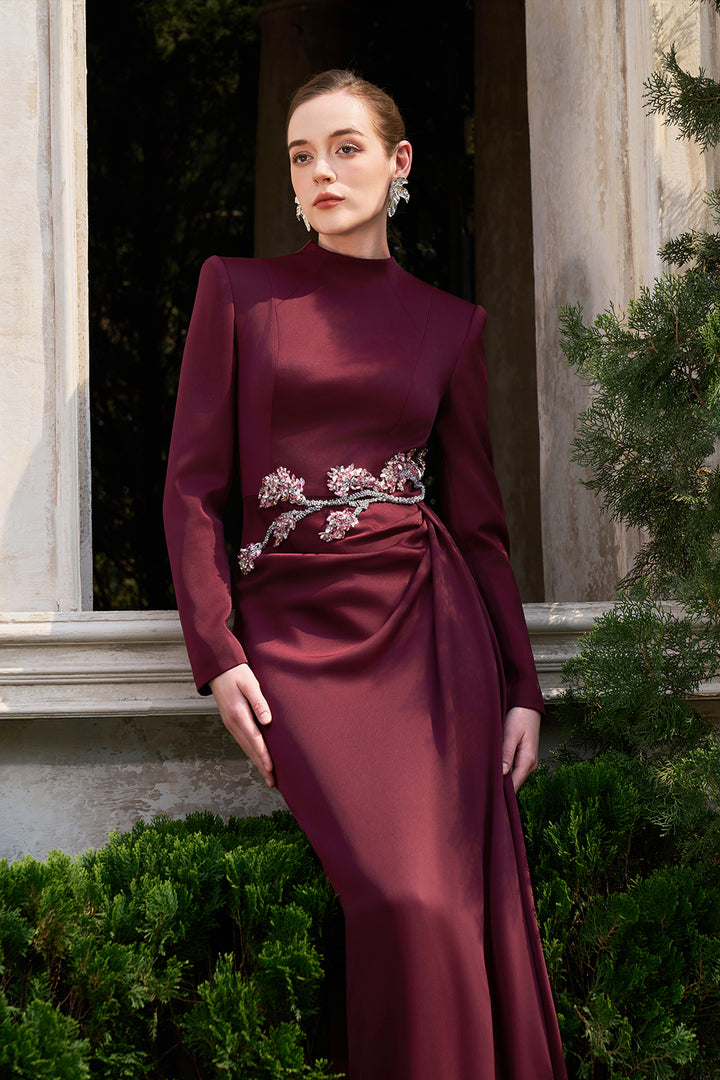 High Neckline Side Drapped Straight Dress