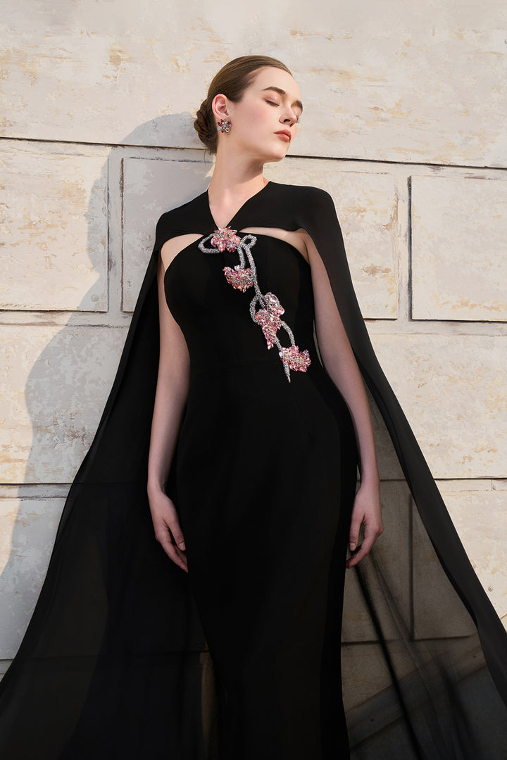 Long Back Cape With Open Chest Dress