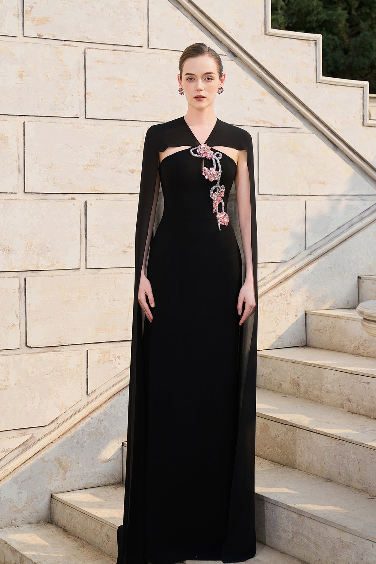 Long Back Cape With Open Chest Dress Black / FR 50