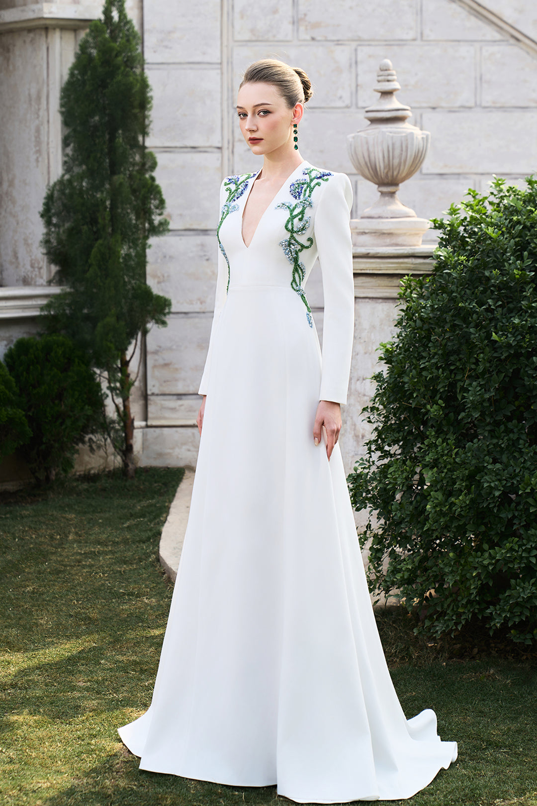 Double Crystal-Embellished Deep V-Neck Dress