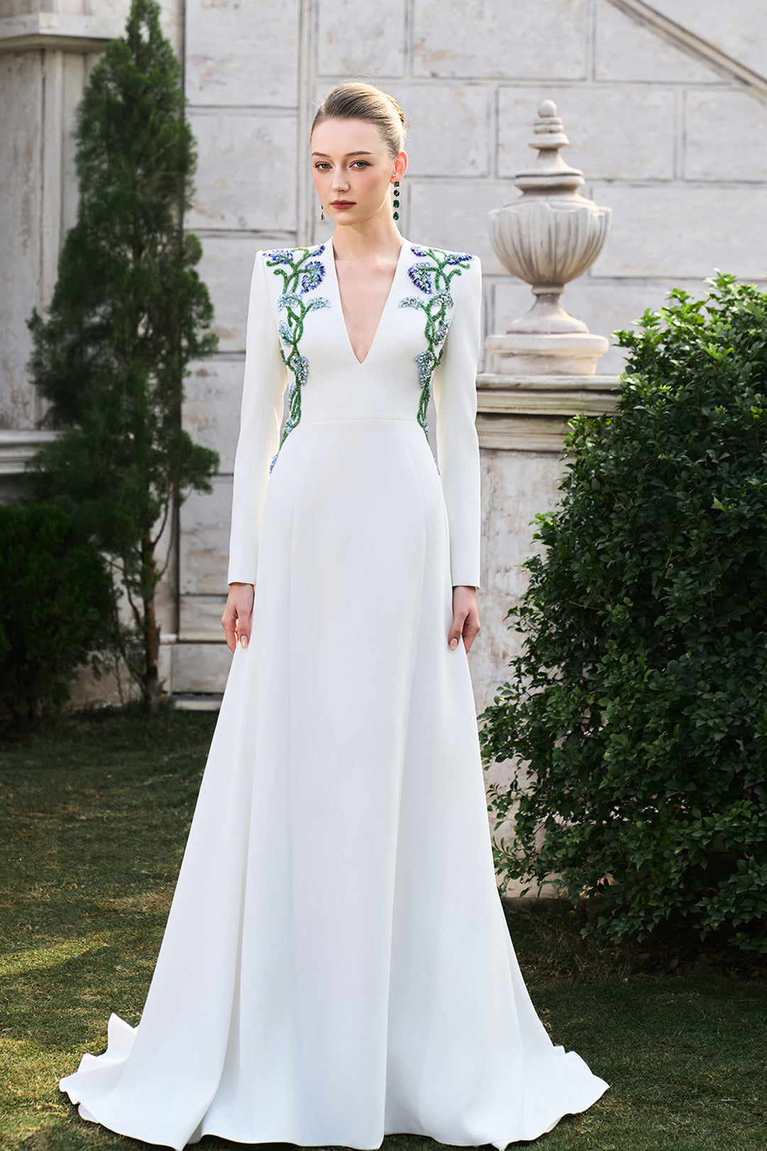 long sleeve deep v dress Double Crystal-Embellished Deep V-Neck Dress White / FR 40