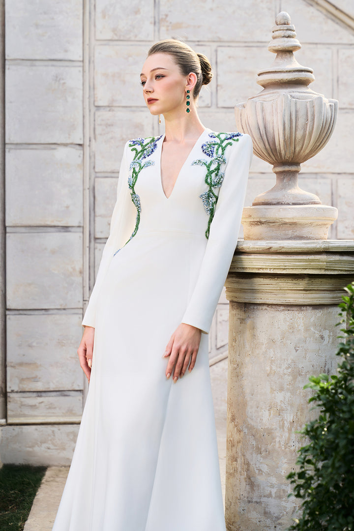 Double Crystal-Embellished Deep V-Neck Dress