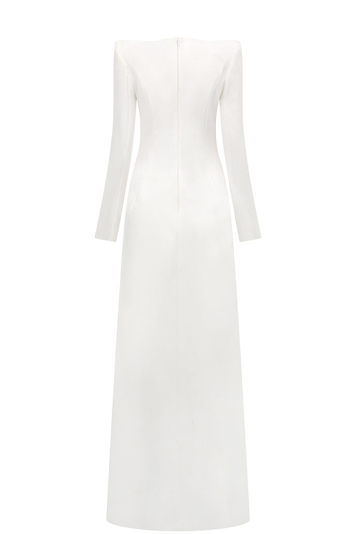 Padded Shoulder Floral Crystal-Embellished A-Line Dress