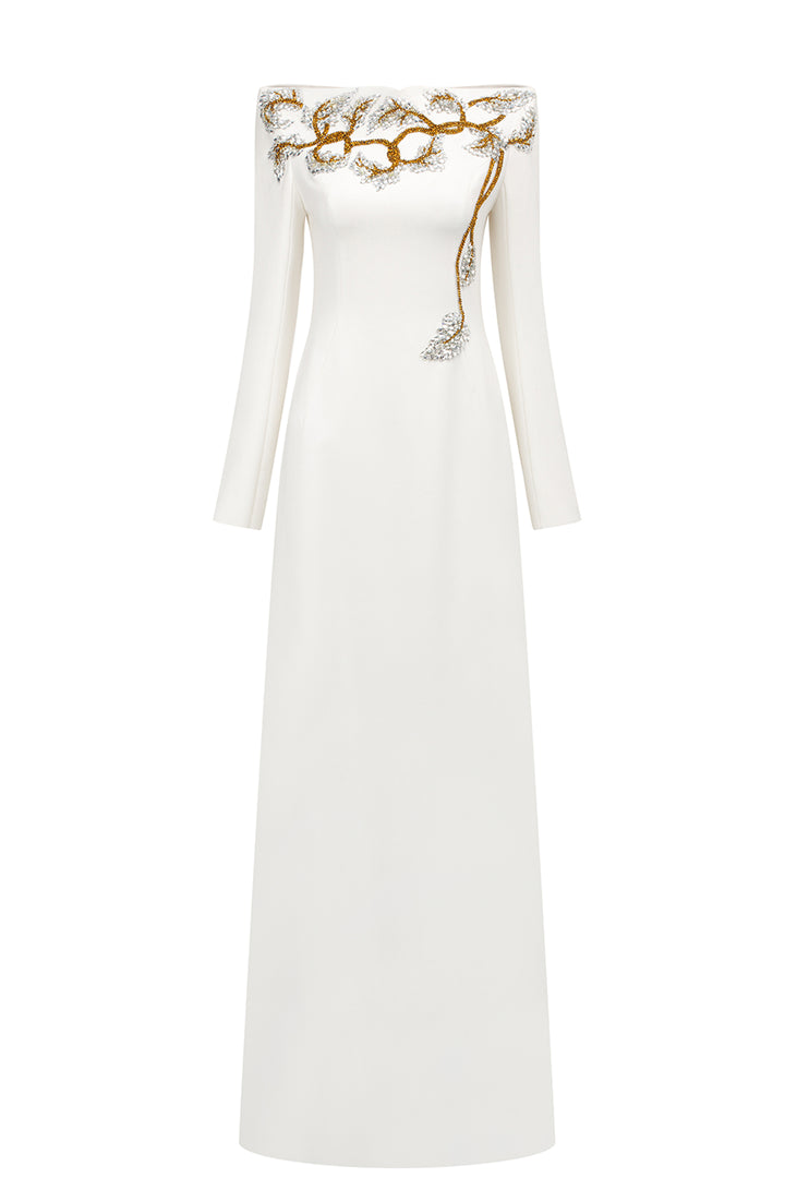 Padded Shoulder Floral Crystal-Embellished A-Line Dress