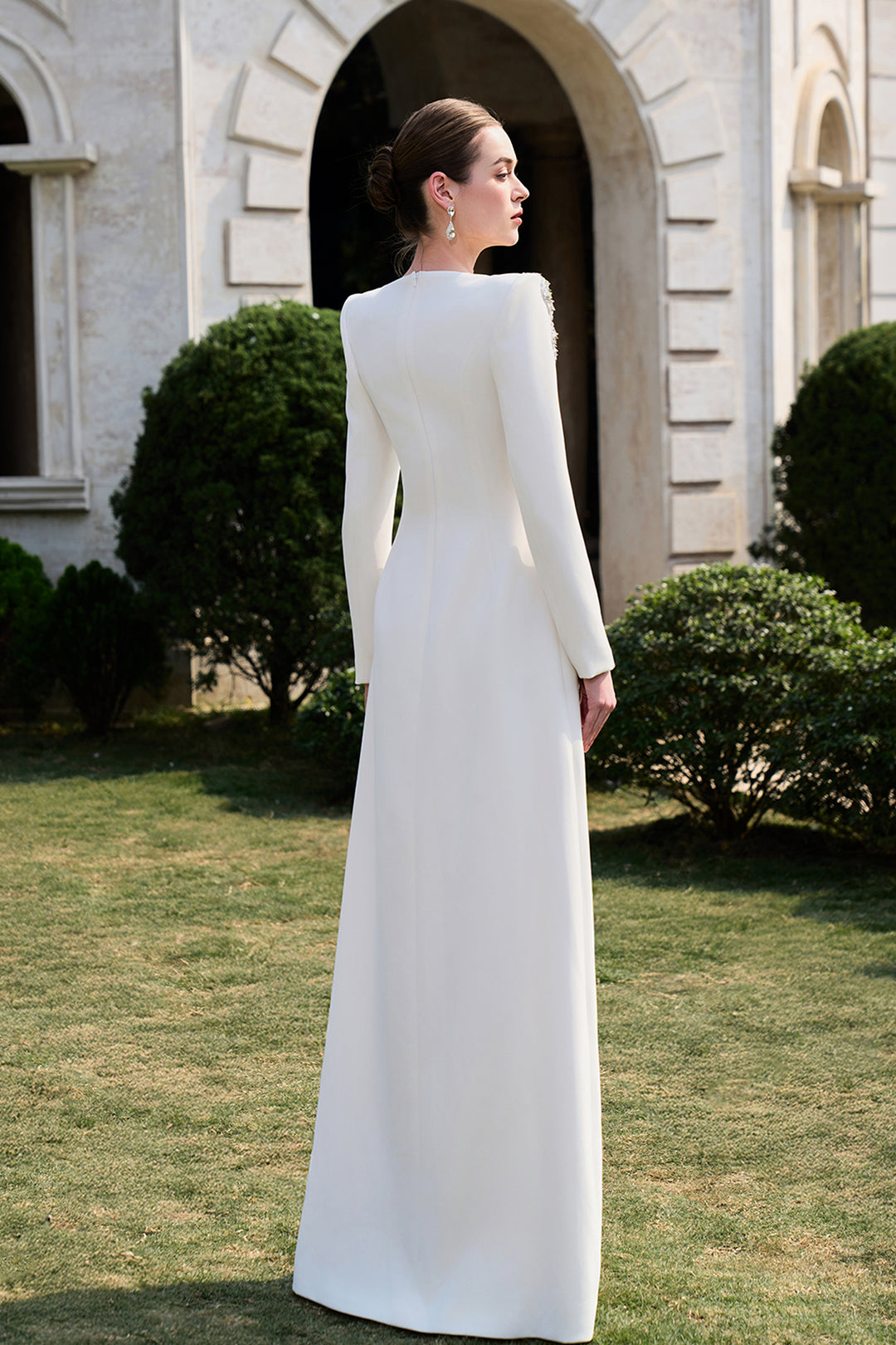 Padded Shoulder Floral Crystal-Embellished A-Line Dress