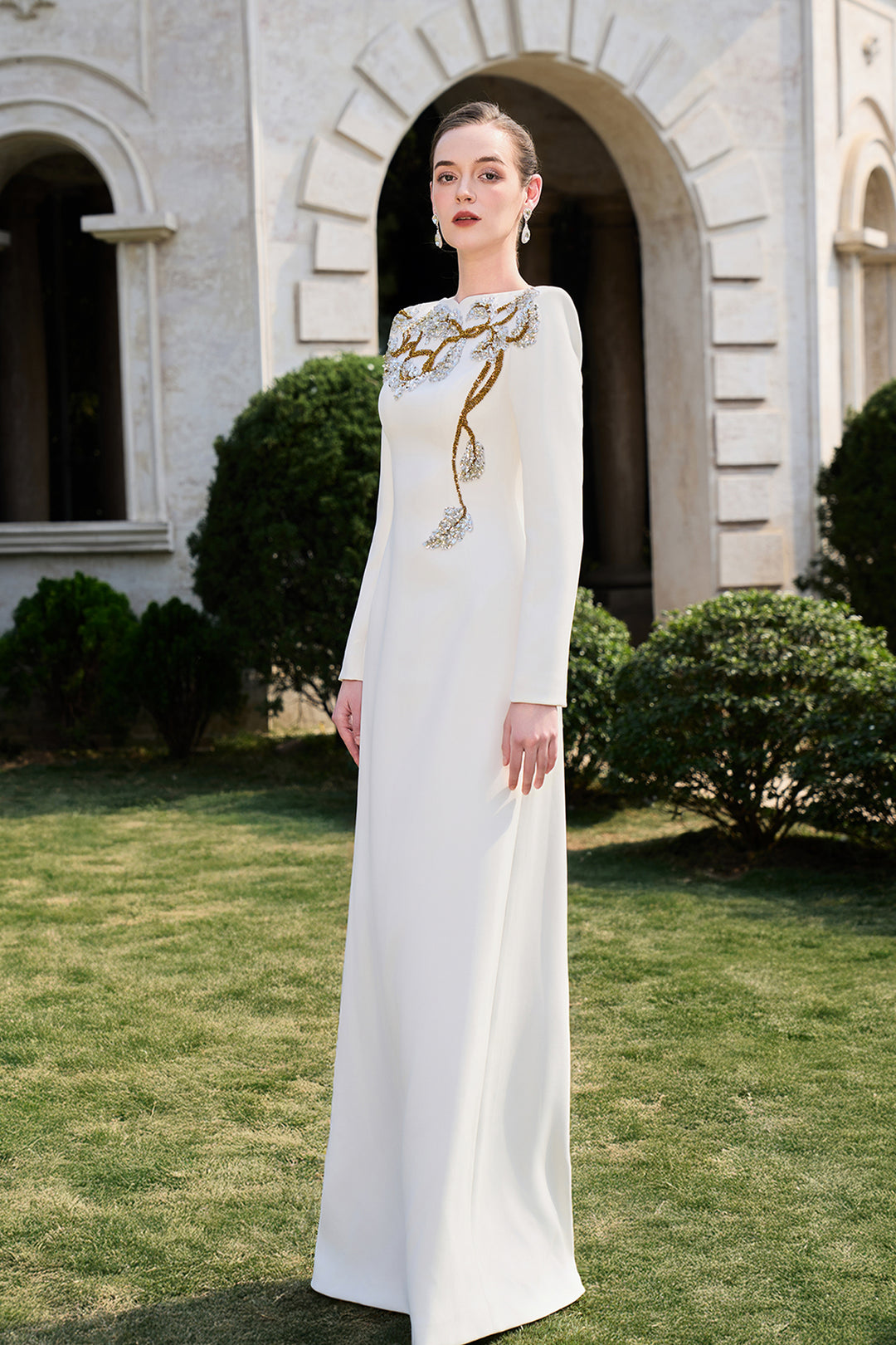 Padded Shoulder Floral Crystal-Embellished A-Line Dress