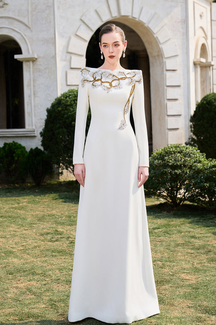 Padded Shoulder Floral Crystal-Embellished A-Line Dress