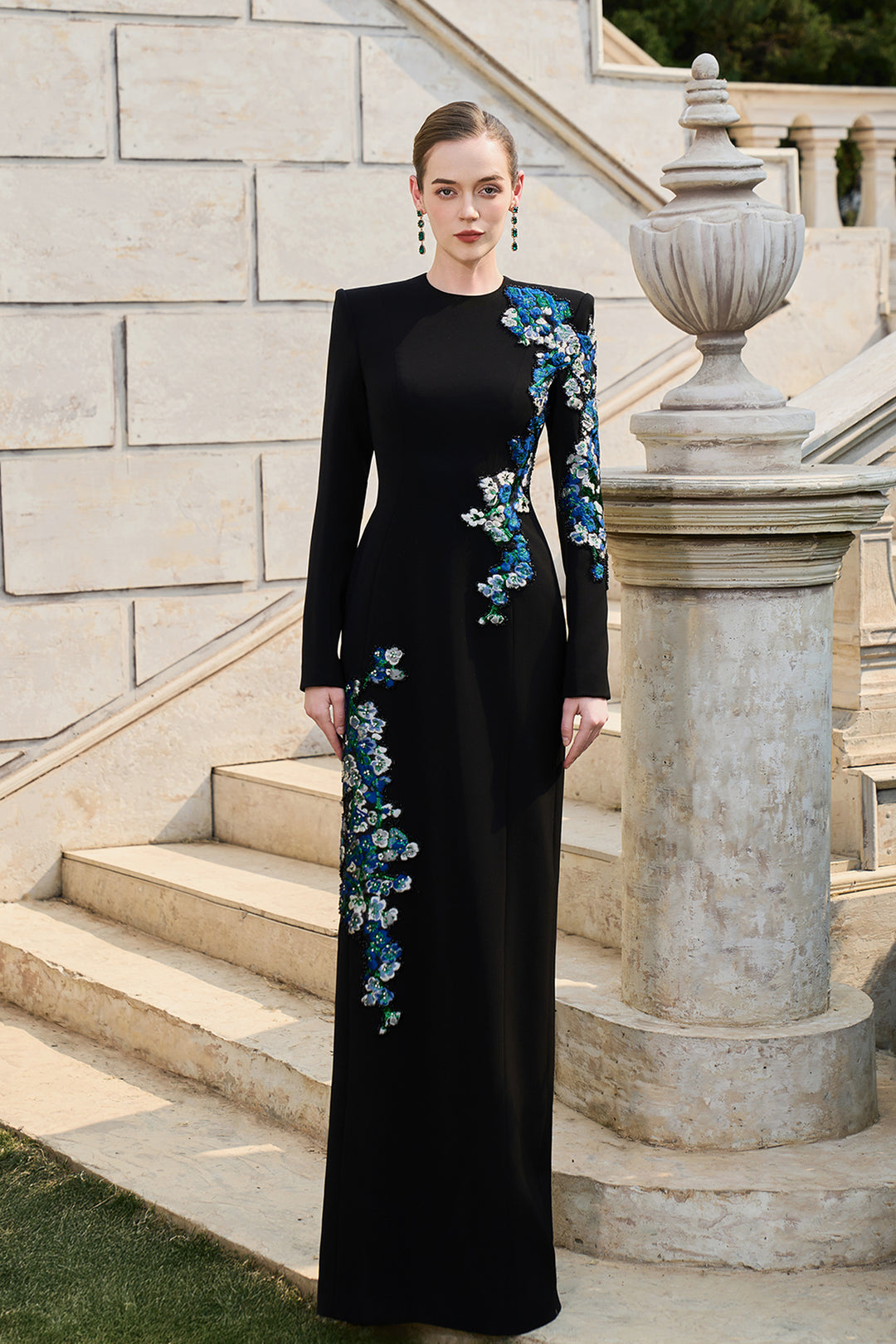 Asymmetric Floral Straight Dress Black / FR 40