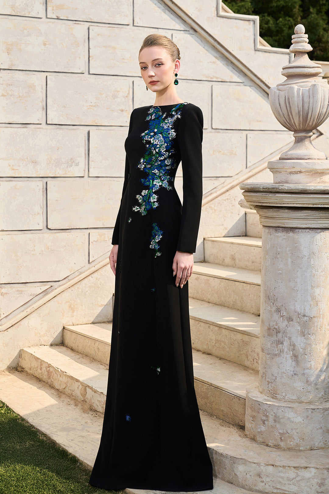 Boat Neckline Floral Embroidered A-Line Dress Black / FR 38