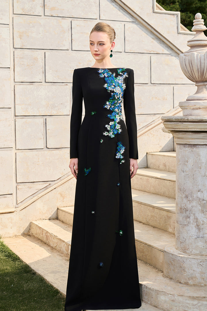 Boat Neckline Floral Embroidered A-Line Dress