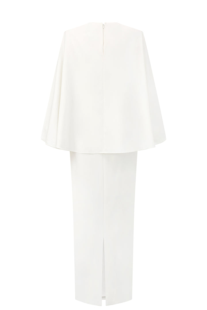 Wavy Cape Sleeve With Asymmetric Crystal-Embellished Midi Dress