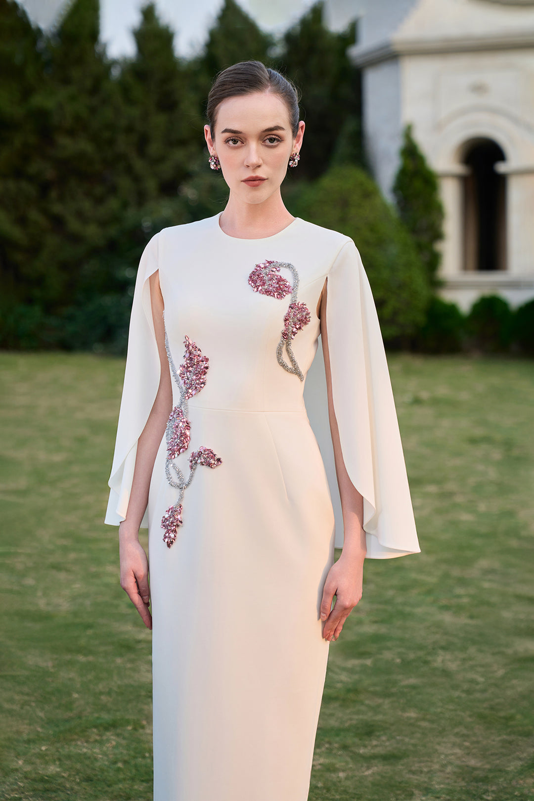 Wavy Cape Sleeve With Asymmetric Crystal-Embellished Midi Dress