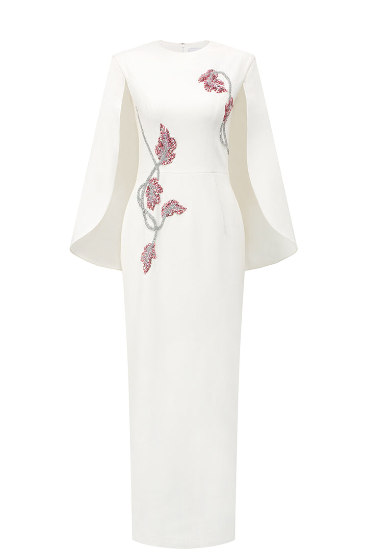 Wavy Cape Sleeve With Asymmetric Crystal-Embellished Midi Dress