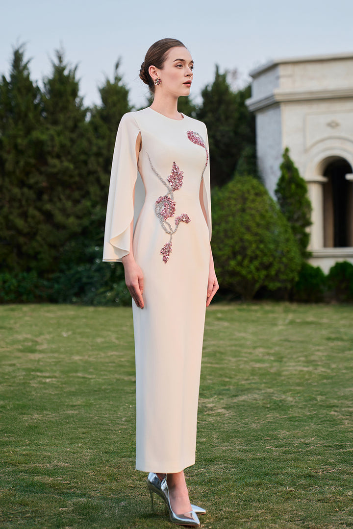Wavy Cape Sleeve With Asymmetric Crystal-Embellished Midi Dress