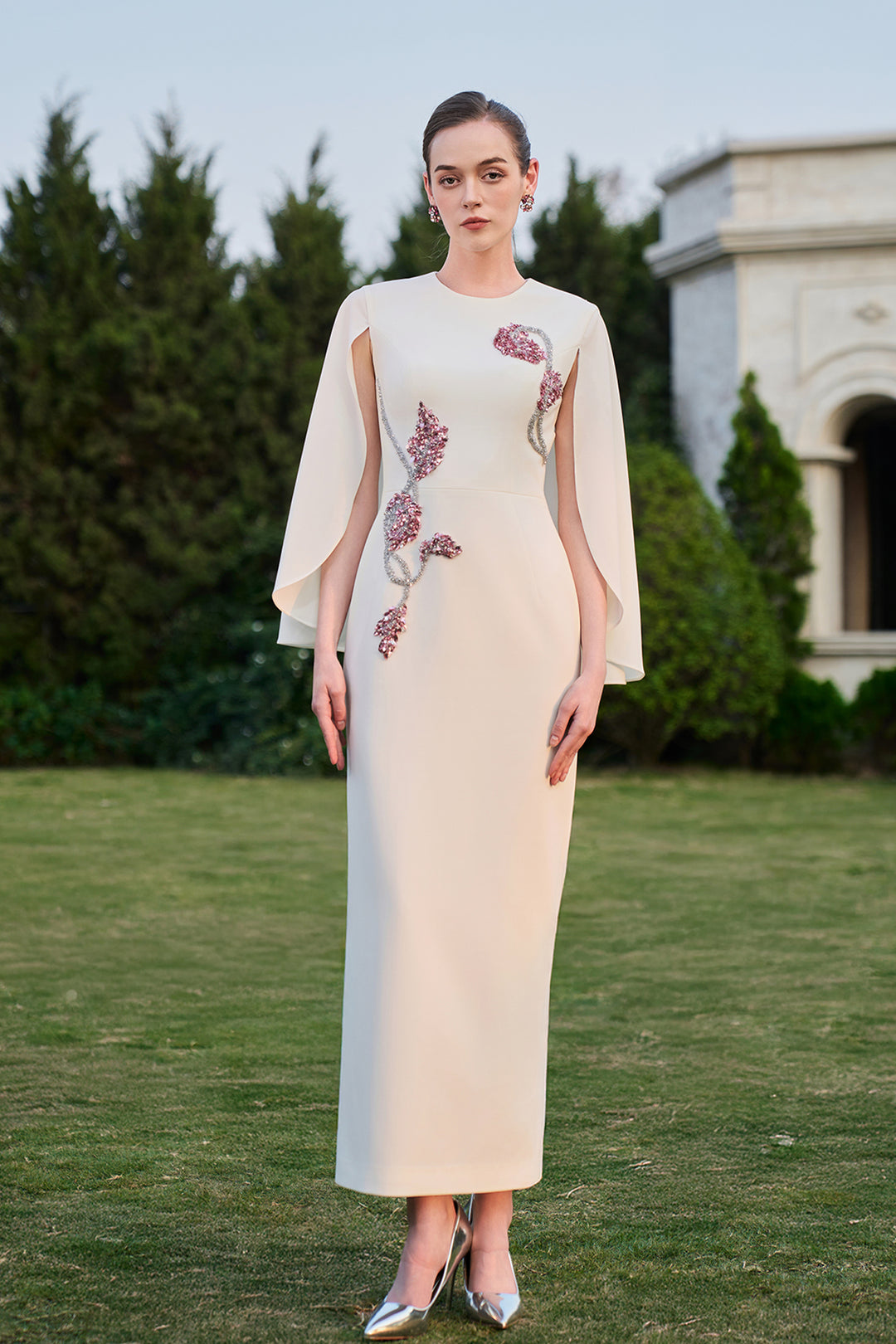 Wavy Cape Sleeve with Asymmetric Crystal-embellished Midi Dress White / FR 36 Wavy Cape Sleeve with Asymmetric Crystal-embellished Midi Dress White / FR 36