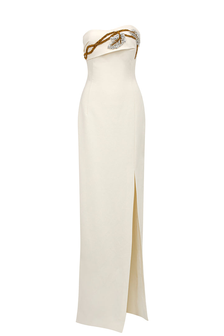 Strapless Crystal-Embellished Side Slit Dress