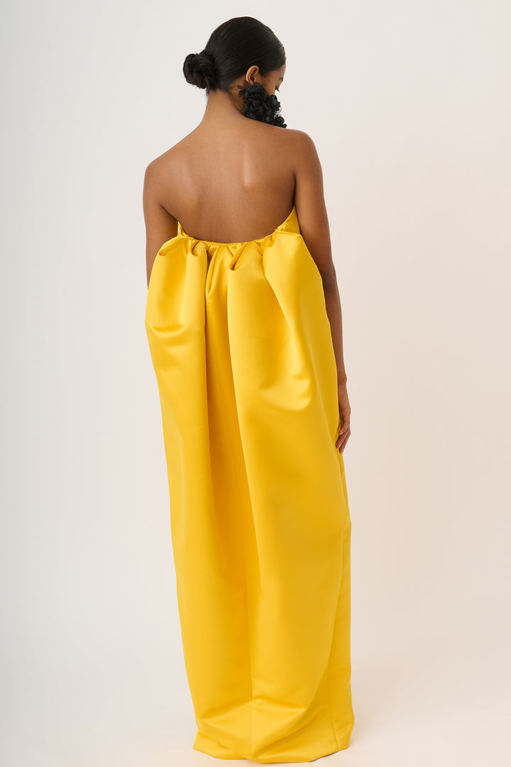 Long Strapless Satin Dress with Draped Back