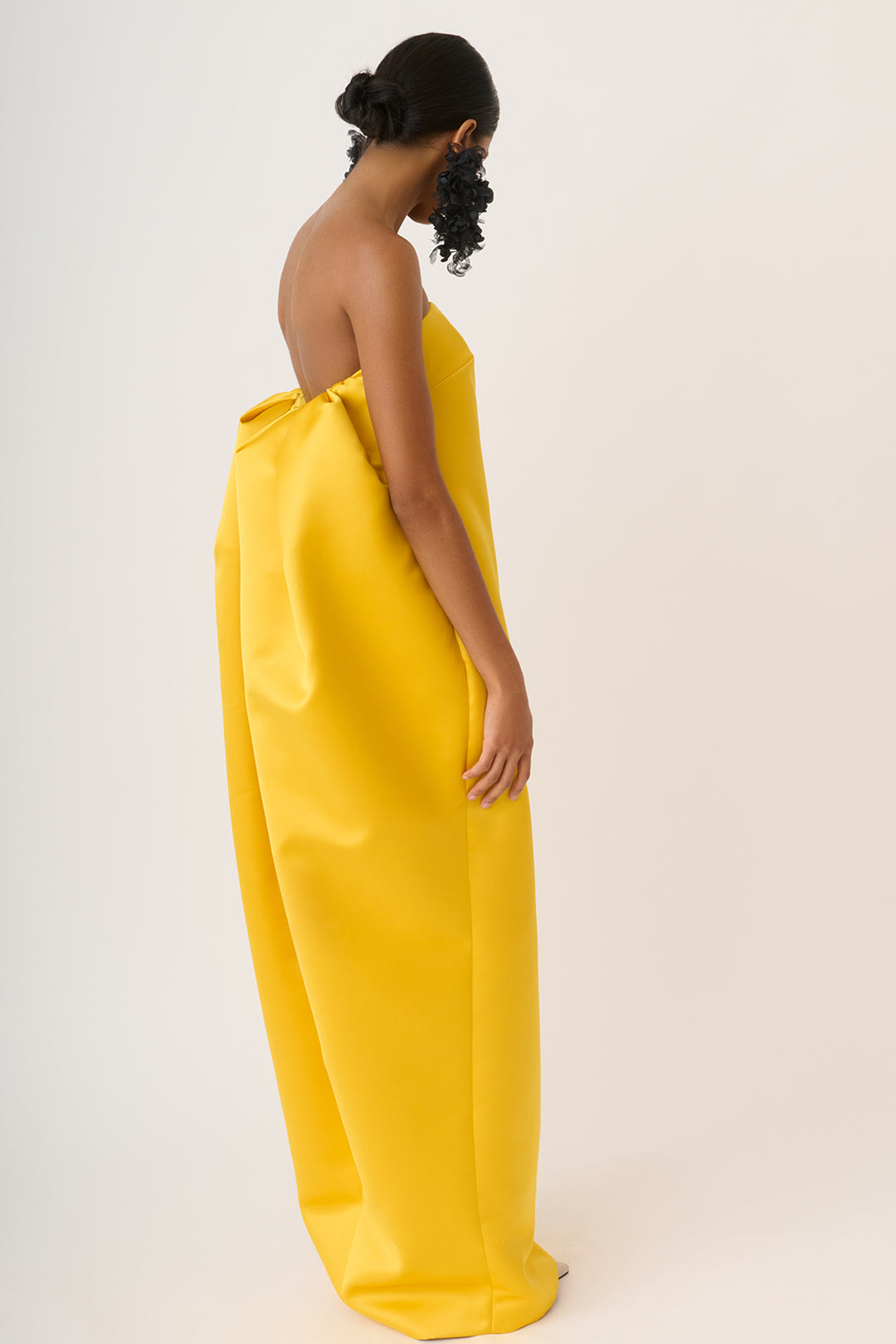 Long Strapless Satin Dress with Draped Back
