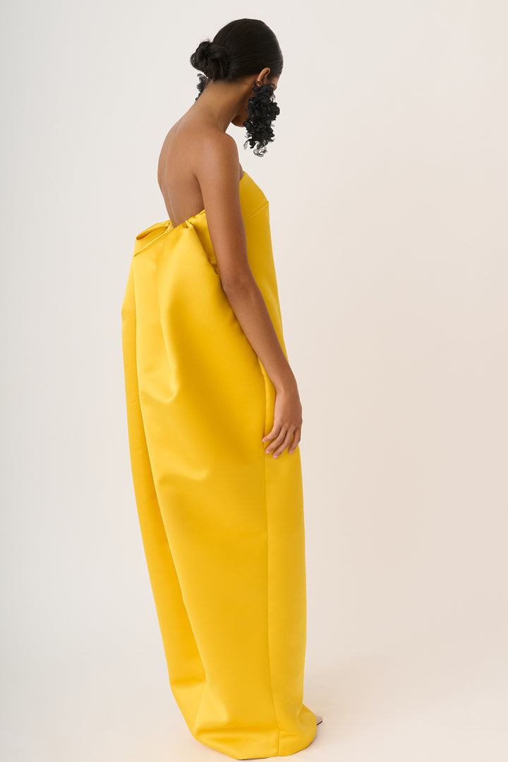 Long Strapless Satin Dress with Draped Back