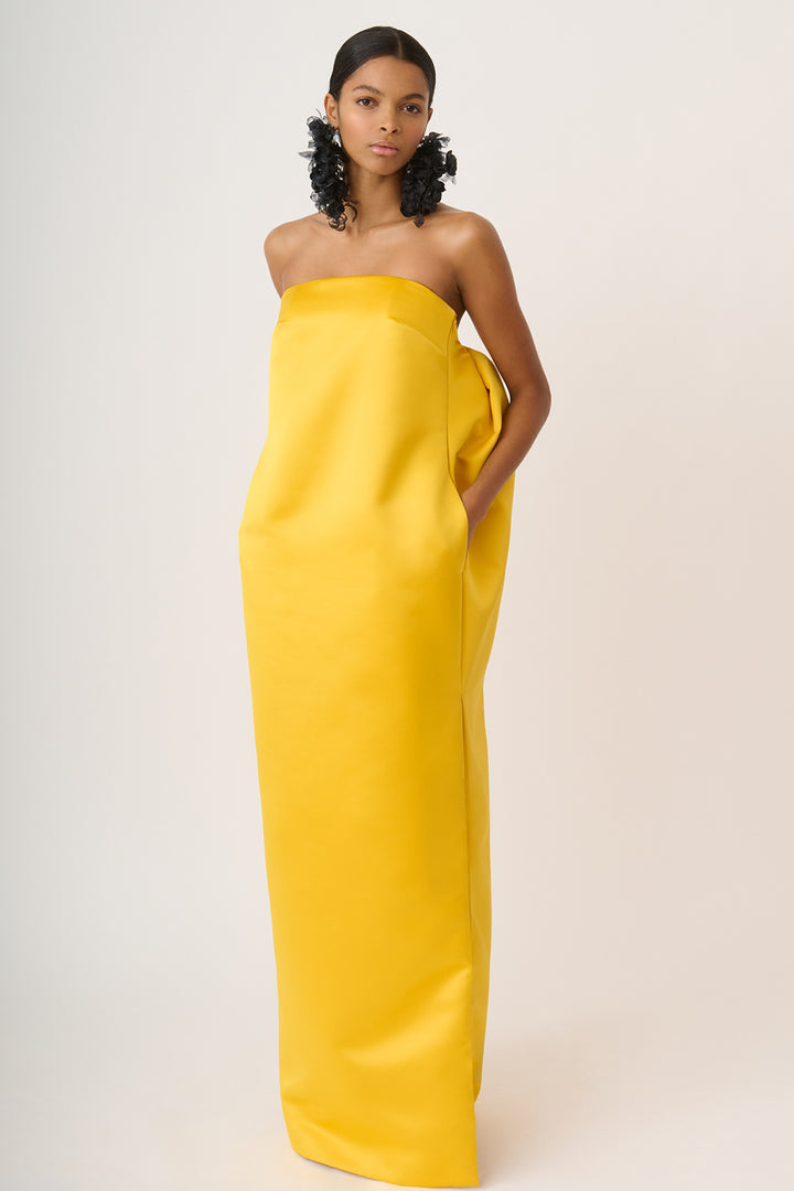 Long Strapless Satin Dress with Draped Back