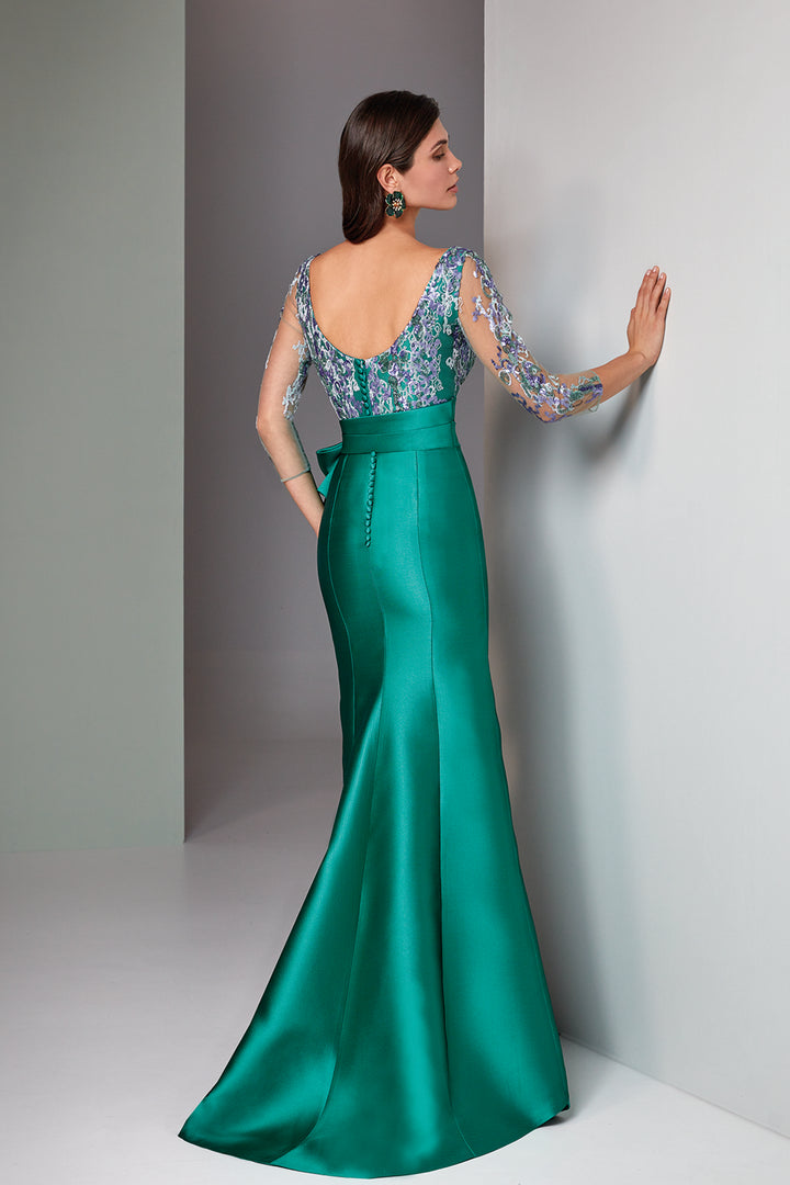 Pique Mermaid Dress with Jewel Neckline