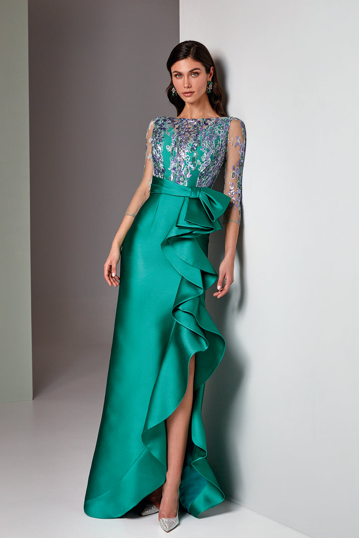 Pique Mermaid Dress with Jewel Neckline