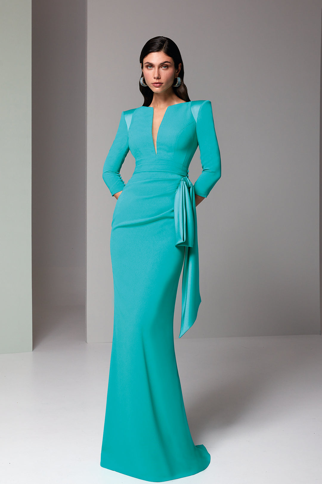 Long Sleeve Gown with Plunging Neckline & Side Draped Detail Blue / FR 44 Long Sleeve Gown with Plunging Neckline & Side Draped Detail Blue / FR 44